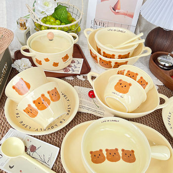 Cream Style Cute Cartoon Ceramic Dish suit Household High Color Value Rice Bowl Soup Bowl Plate Tableware suit