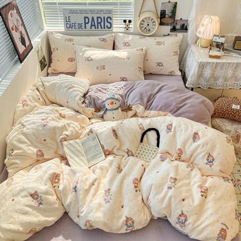 Autumn and Winter Milk Velvet Four-Piece Set Thickeneded Double-Sided Flannel Quilt Cover Coral Velvet Bed Sheetss Dormitory Three-Piece Fitted Bed Sheets Set