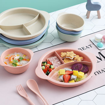 Wheat Straw Children's Dinner Plate Baby's Supplementary Feeding Tableware Divided Plate with Spoon and Fork Bowl Four-piece Set Tableware