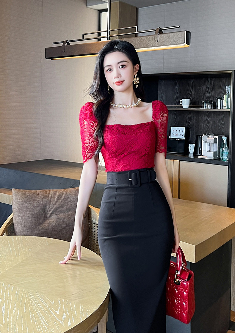 Chân váy bút chì nữ ôm eo cao dáng midi phong cách Pháp — [Đen], [Trắng], [Đỏ] chi tiết 16