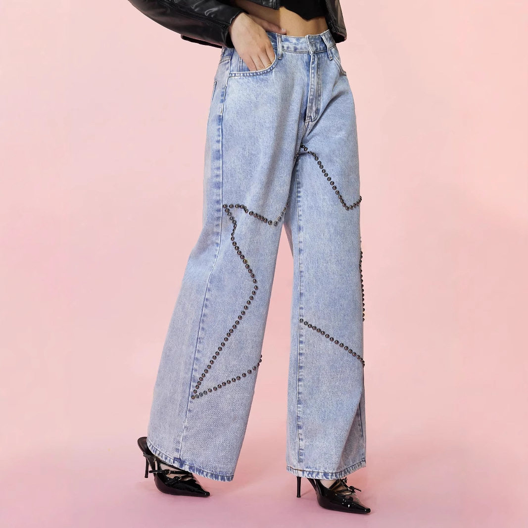 Loose Fit Vintage Beaded Denim Pants Womens Casual Style European and American Fashion Wholesale Available