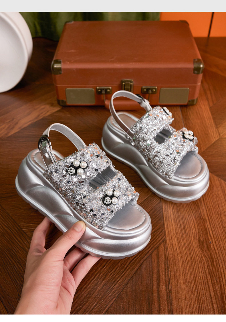 Dép sandal nữ xỏ ngón đế bệt quai Velcro phong cách biển — Đen, Bạc, Len nguyên chất chi tiết 15
