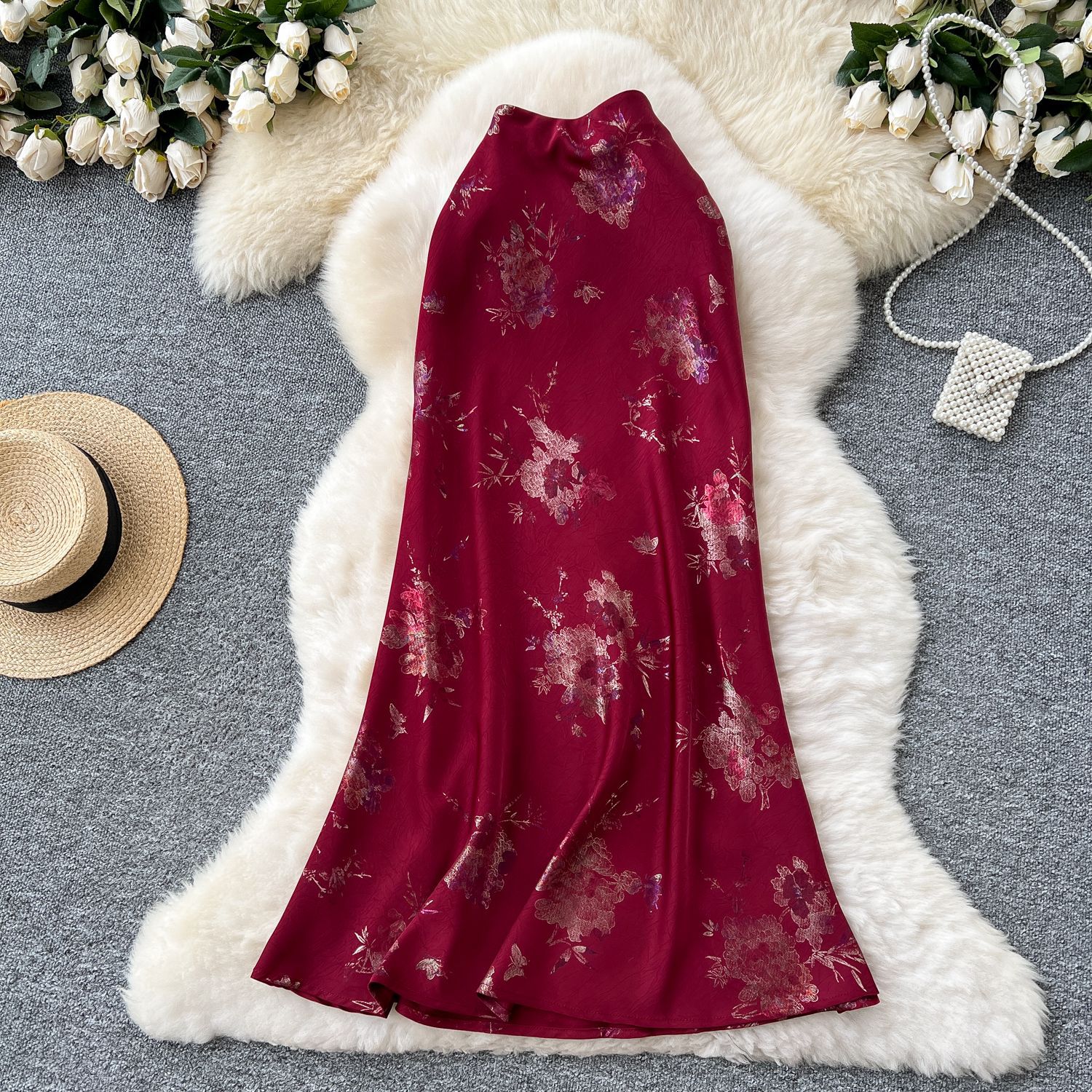 High Waist Mermaid Skirt for Women Satin Fabric Gold Foil Print Elegant Summer Style