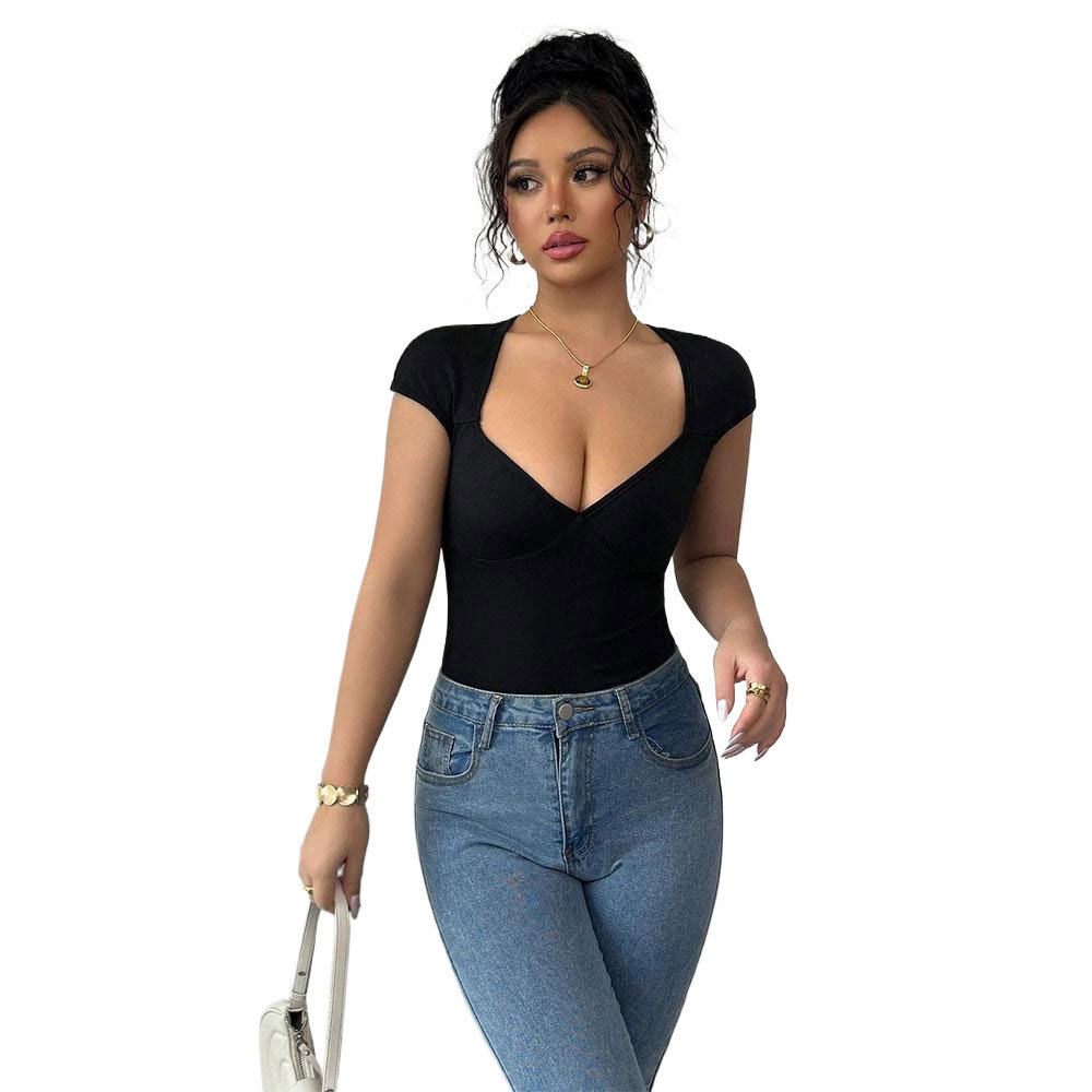 Summer Womens Short Sleeve T Shirt Slim Fit Heart Neckline Solid Color Polyester Fabric Casual Wear Wholesale