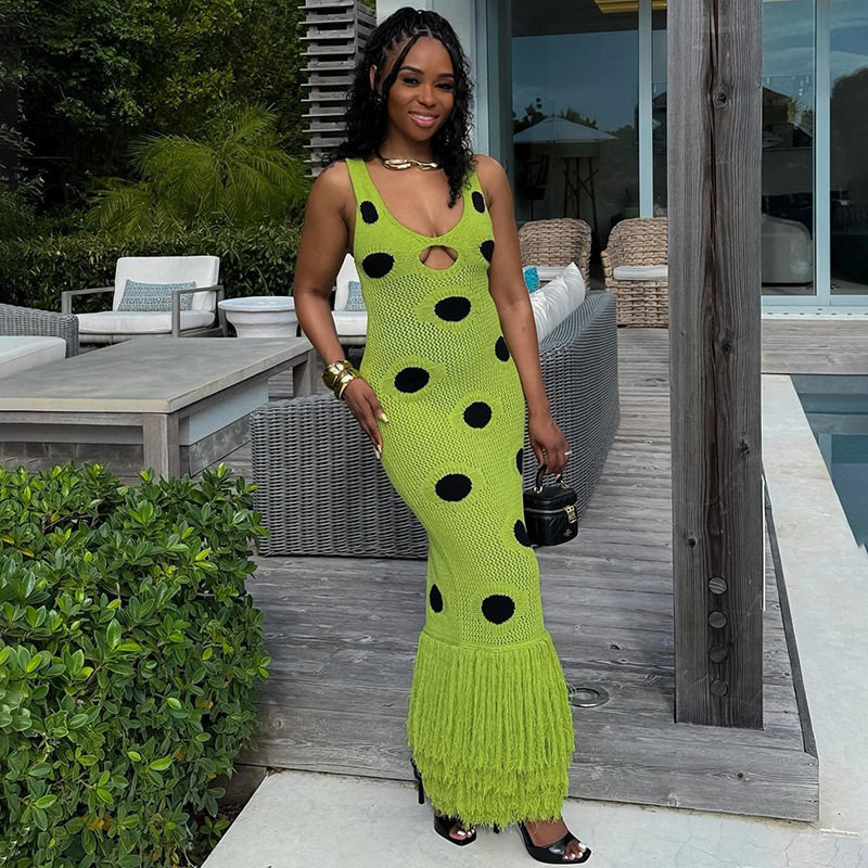 2025跨境欧美新款女装时尚吸睛性感无袖波点印花镂空修身连衣裙女