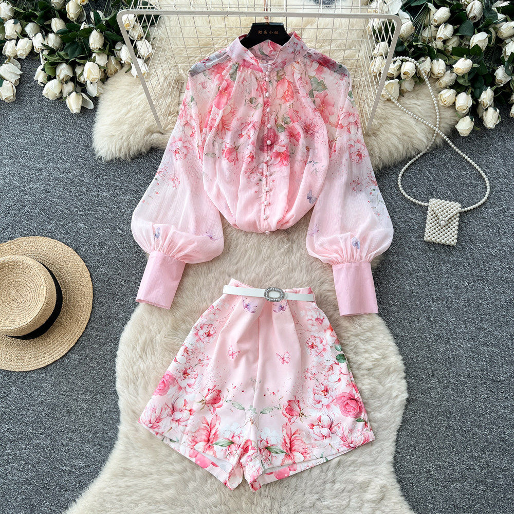 Fashion Floral Print Two Piece Set Lantern Sleeve Top Stand Collar High Waisted Shorts Office Wear Casual Style
