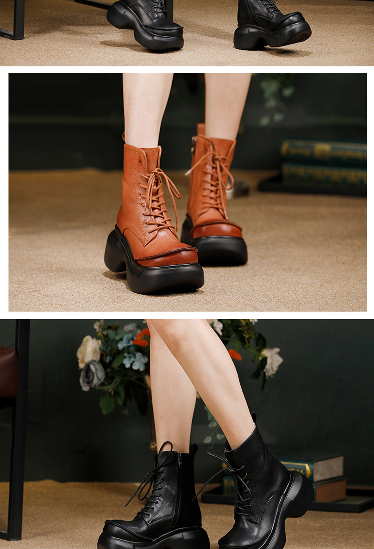 Boot Martin nữ cổ ngắn đế dày da bò thật tăng chiều cao — màu đen, Màu nâu