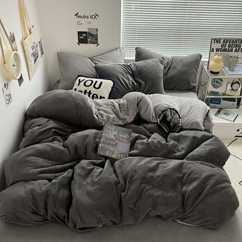 Class a Pure Color Thickeneded Milk Velvet Four-Piece Bed Bed Sheets Quilt Cover Bed Bed Sheets Student Dormitory Three-Piece Bedding Set