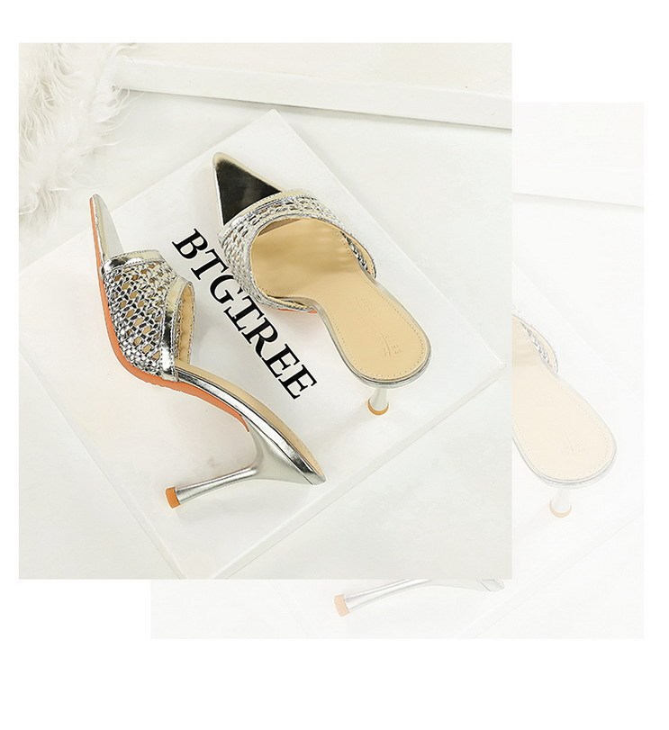 Sandal cao gót nữ mũi nhọn hở ngón quai dệt phối đồ thời trang — Màu bạc, Màu be, màu đen, Màu trắng