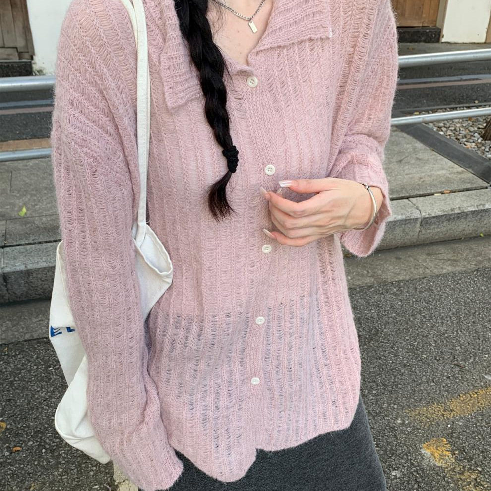 巨好看粉色polo领针织开衫女春秋季薄款镂空慵懒毛衣外套上衣