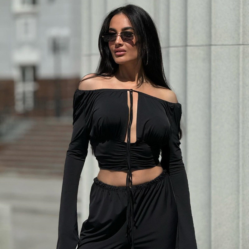 Womens Long Sleeve Off Shoulder Crop Top Solid Color Hollow Out Lace Up Design Trendy Autumn Fashion Wholesale