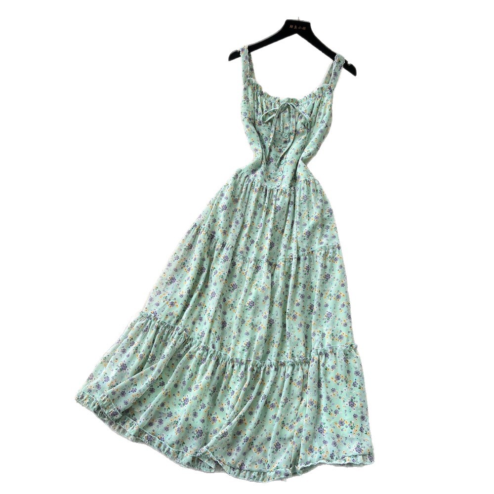 Floral Print Maxi Dress Sweet French Style Mint Green Lace Trim Waist Defining Summer Vacation Wear Wholesale