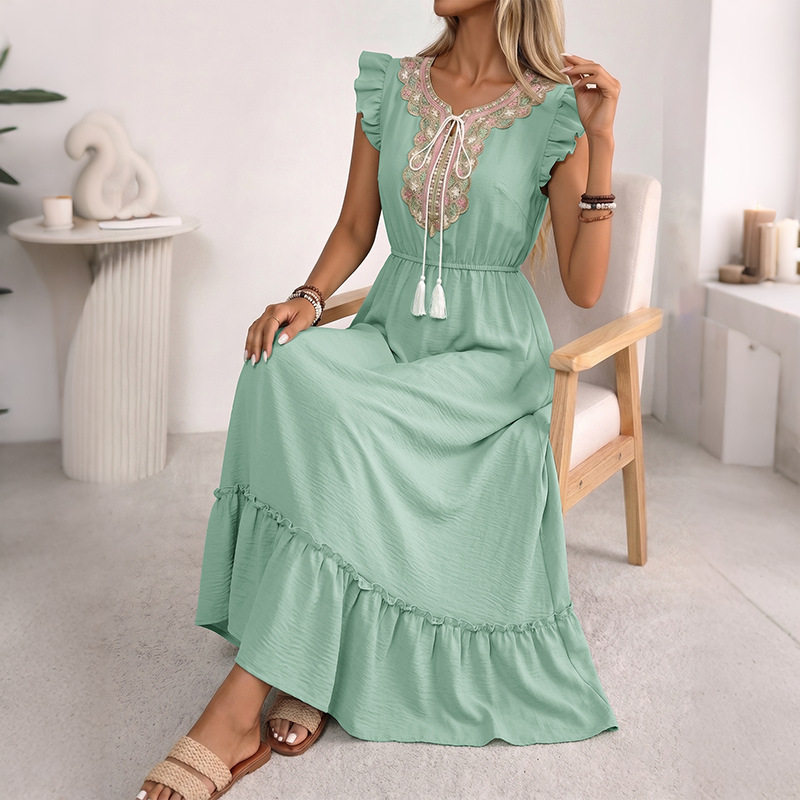 Floral Lace Trim Tassel Flutter Sleeve Dress Fresh Vacation Style Perfect for Summer Events OEM Available
