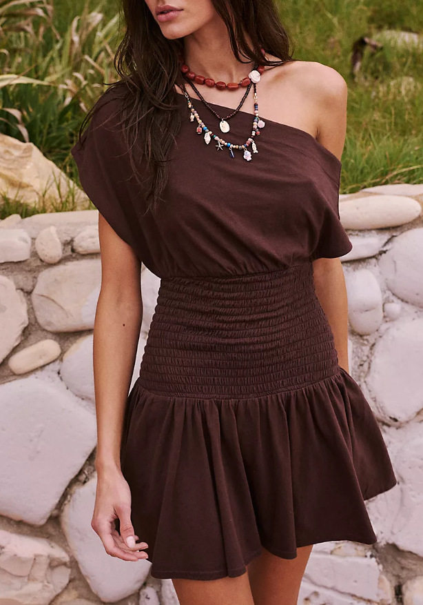 Elegant Solid Color Asymmetrical Shoulder Dress Elastic Waist Short Skirt Autumn Style Wholesale Available