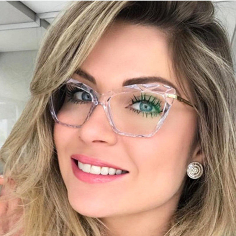 Cross-border European and American Transparent Multi-faceted Crystal Glasses Frame New Cat's Eye Street Photoshoot Women's Flat Anti-blue Glasses