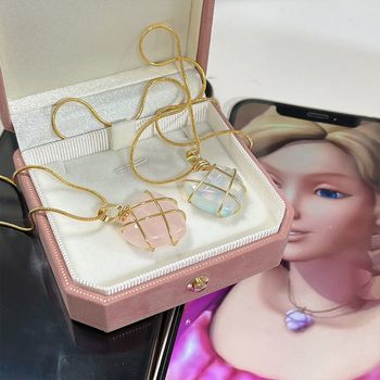 Barbie Necklace Love Heart Pendant Diamond Castle Natural Crystal Opal Pink Crystal Peach Heart Shape DIY Winding Necklace