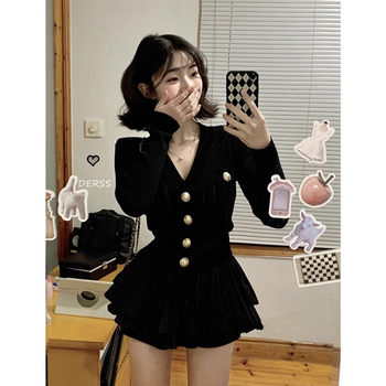 Chanel Style V-neck Slim-fit Long-sleeved Sweater Pleated Cake Skirt Women's Autumn New Ballet Style Two-piece Suit