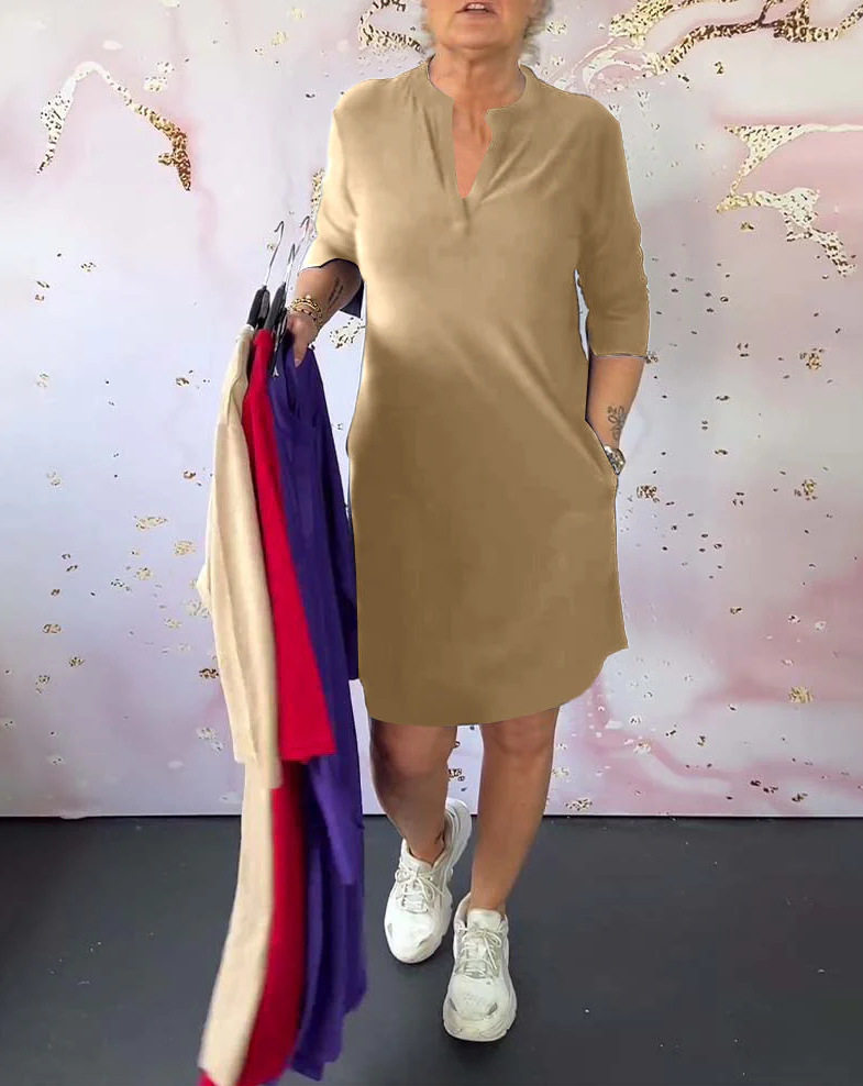 Summer Womens Midi Dress Fashionable Solid Color V Neck Casual Style Perfect for Everyday Wear Wholesale Available