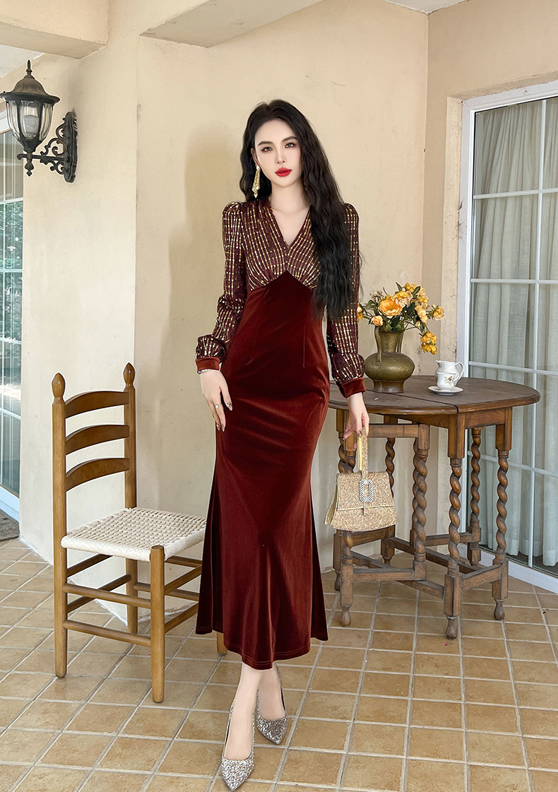 Đầm dài nhung phối sequin cổ chữ V dáng đuôi cá nữ — Xanh đá quý, Màu đen, Đỏ gỉ sắt