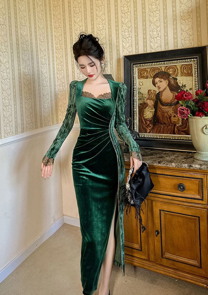 Váy Đầm Nhung Nữ Cổ chữ Vuông Tay Dài Ôm Dáng Xẻ Tà Đính Đá Màu Xanh Lá chi tiết 14