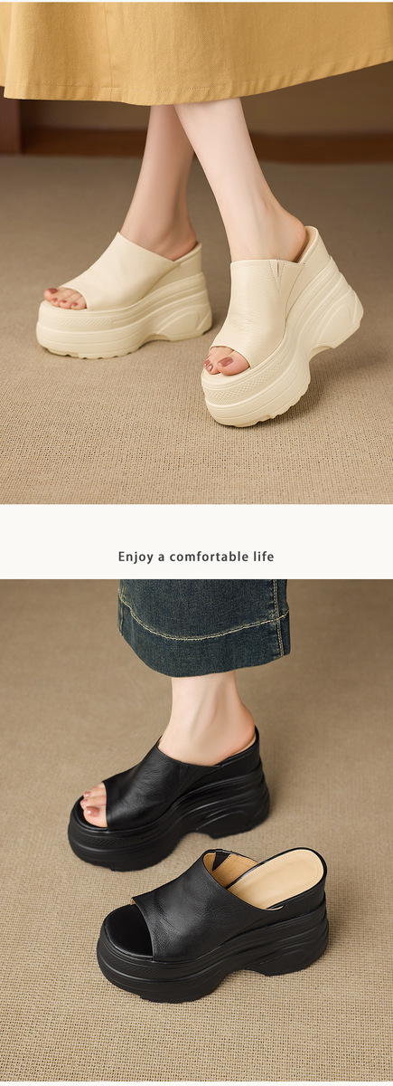 Dép sandal nữ đế xuồng cao gót 13cm da cừu mềm nhẹ — màu đen, Màu trắng ngà