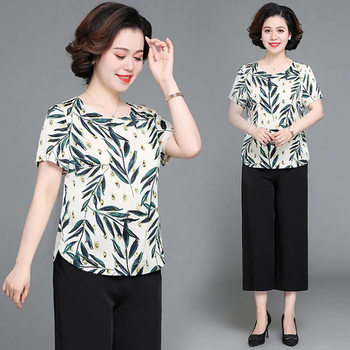 New Mother's Clothing, Fashionable Summer Suit, Elegant and Slimming Look, Middle-Aged Mother's Two-Piece Summer Short-Sleeved T-Shirt