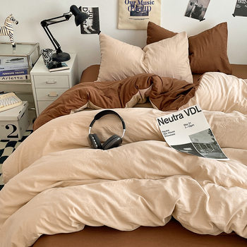 Ins Solid Color Double-spell Double-spell Washable Cotton Bed Four-piece Set Skin-friendly Nude Sleeping Bed Sheet Quilt Cover Student Three-piece Set
