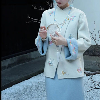 [Lan Die]2025 Autumn/Winter New Chinese Style Coat Reversible Positioning Embroidery Sheep Wool Double-Sided Wool Suit for Women