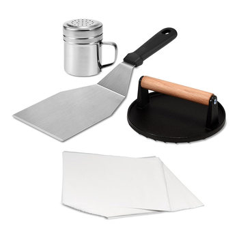 Hamburger Set, Cast Iron Press, Scraper, Seasoning Bottle and Pie Paper, Flat Top Grill Cooking Outdoor Bbq