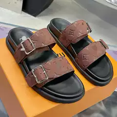 Original Brand, Original Box, Belt Buckle, Double Strap Men's Slippers, Brown Embossed Lettering, Thick-Soled Slip-On Cowhide Leather Sandals