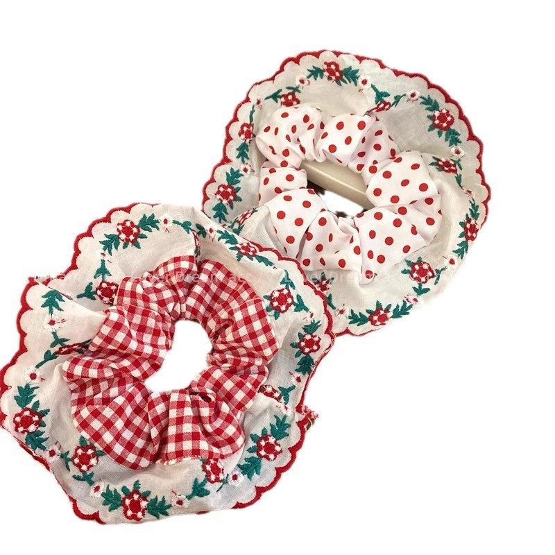 Cherry Red Plaid Lace Large Intestine Hair Ring Girl's Ball Hair Rope Floral Polka Dot Fabric Rubber Band Does Not Hurt the Hair