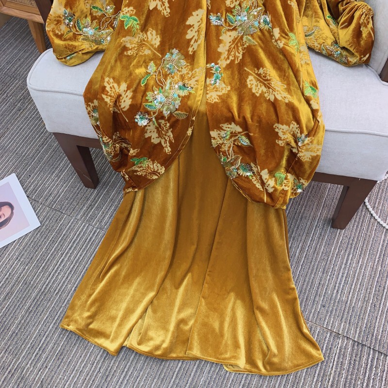 Đầm maxi nữ cổ chữ V thêu đính cườm chất liệu nhung — hồ bơi xanh, Sữa trắng, Tỏa sáng màu đen