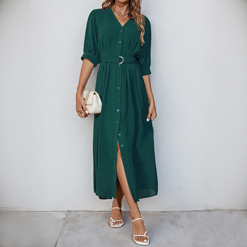 Summer Shirt Dress V Neck Tie Waist Mid Sleeve Green Casual Wear for Women Wholesale Available