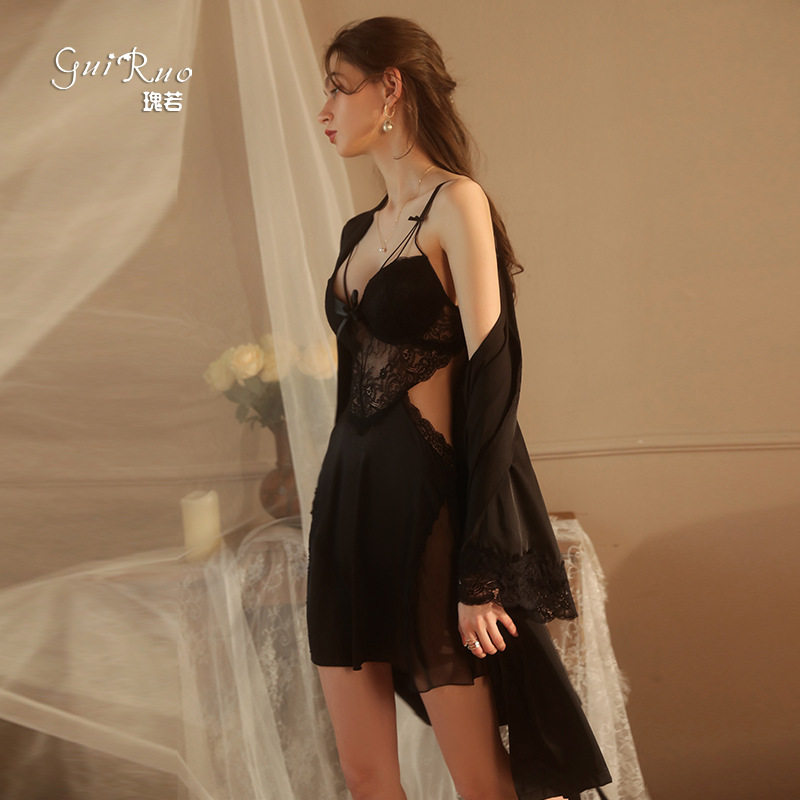 瑰若性感蕾丝透视诱惑钢圈聚拢加胸垫大码吊带裙女家居服套装2044