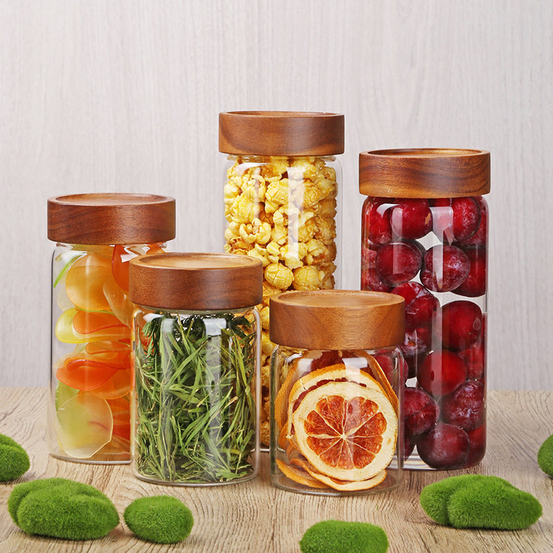 Acacia Wood Borosilicate Glass Threaded Sealed Jar Kitchen Daily Storage Jar Miscellaneous Grains Dried Fruit Tea Storage Jar