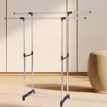 Stainless Steel Double-Rod Adjustable Floor-Standing Clothes Drying Rack, Telescopic Clothes Rack, Mobile Storage Rack, Movable Type