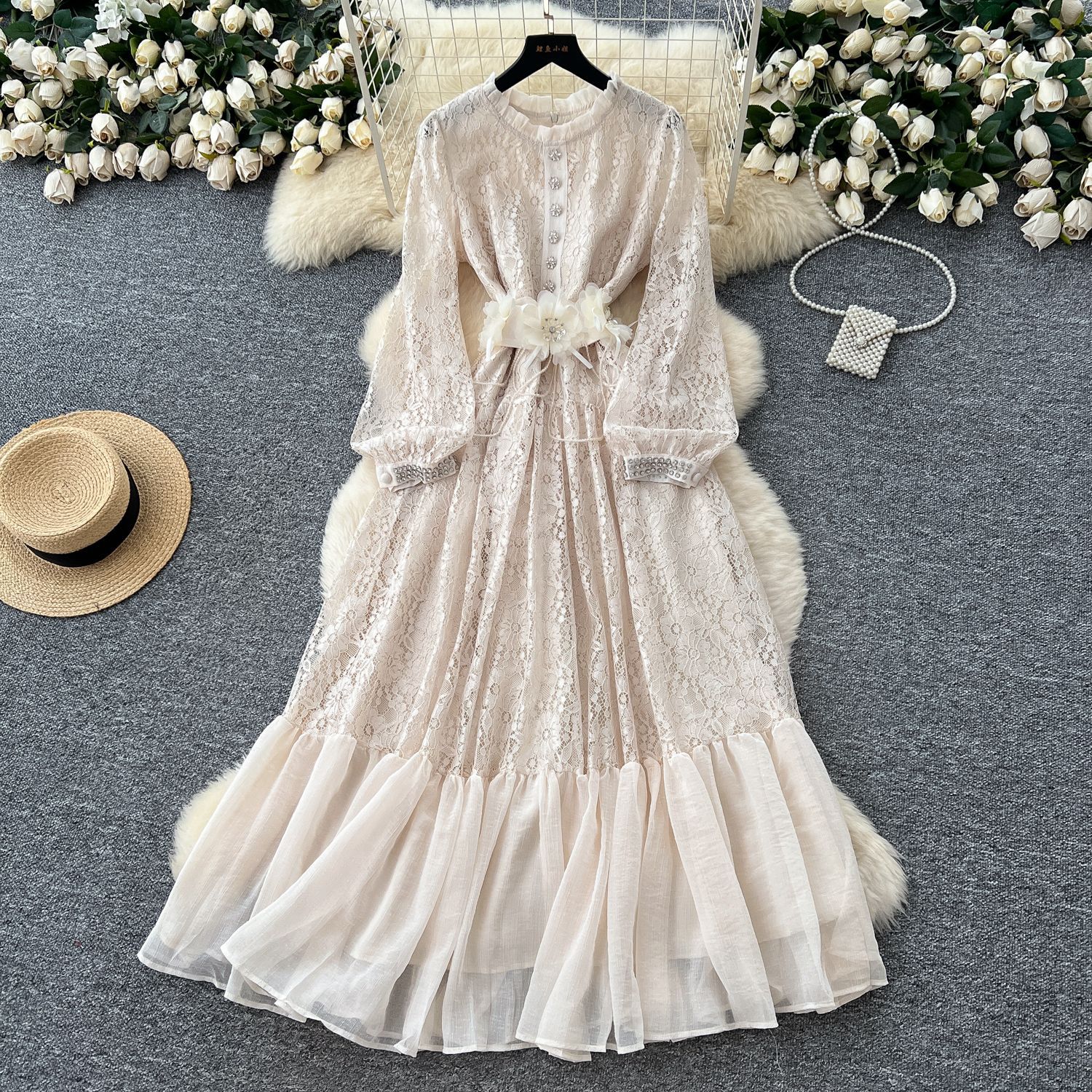 Elegant Summer Long Dress for Women Puff Sleeve Lace Rhinestone Detailing Sheer Fabric Perfect for Parties and
