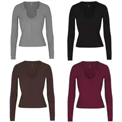Skims Kardashian-Style Ribbed Open U-Neck Soft Lounge Base Shirt Long-Sleeve T-Shirt Women's Top