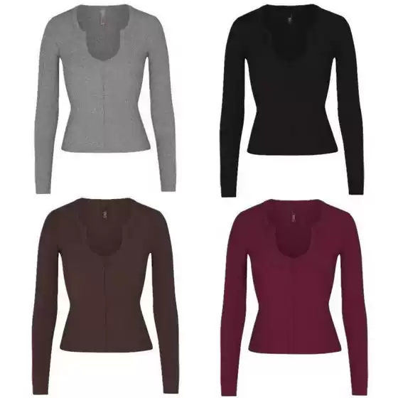 Skims Kardashian-Style Ribbed Open U-Neck Soft Lounge Base Shirt Long-Sleeve T-Shirt Women's Top