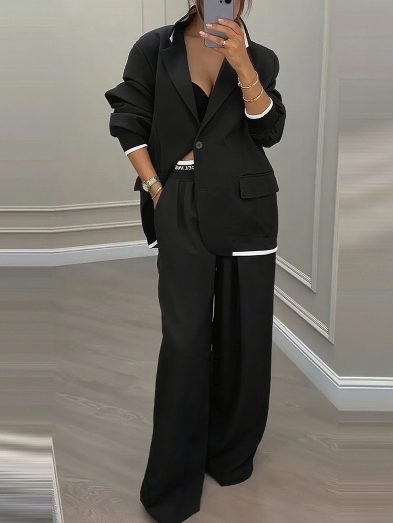 Womens Suit Set Elegant Long Sleeve Jacket Relaxed Wide Leg Pants Fall Winter Fashion Wholesale Available
