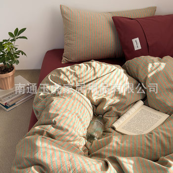 Simple Pure Cotton Washed Cotton Bed Four-piece Set All Cotton Nordic Striped Quilt Cover Yarn-dyed Single Bedding Three-piece Set