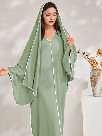 Al Najma Womens Solid Color V Neck Batwing Sleeve Loose Str