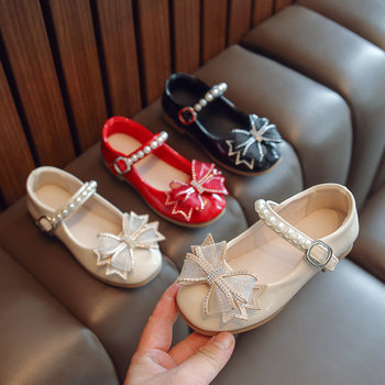 Girls Princess Leather Shoes Summer 2025 New Children's Soft Bottom Bow Pearl Little Girl Baby Rhinestone Shoes