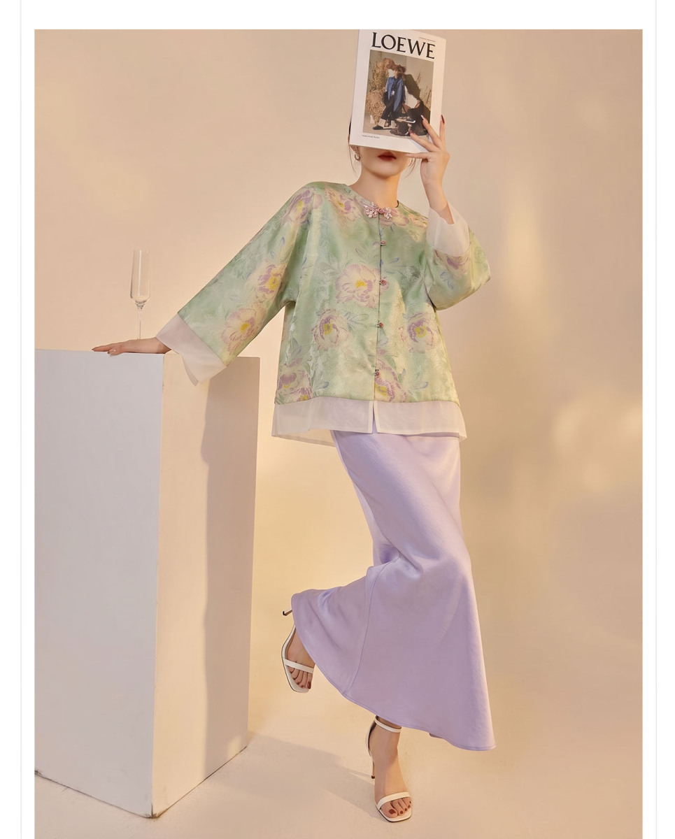 Bộ áo khoác dệt jacquard dáng dài tay kèm chân váy dài nữ tính — Chân váy màu tím, Xuân Huy Lục, Bộ