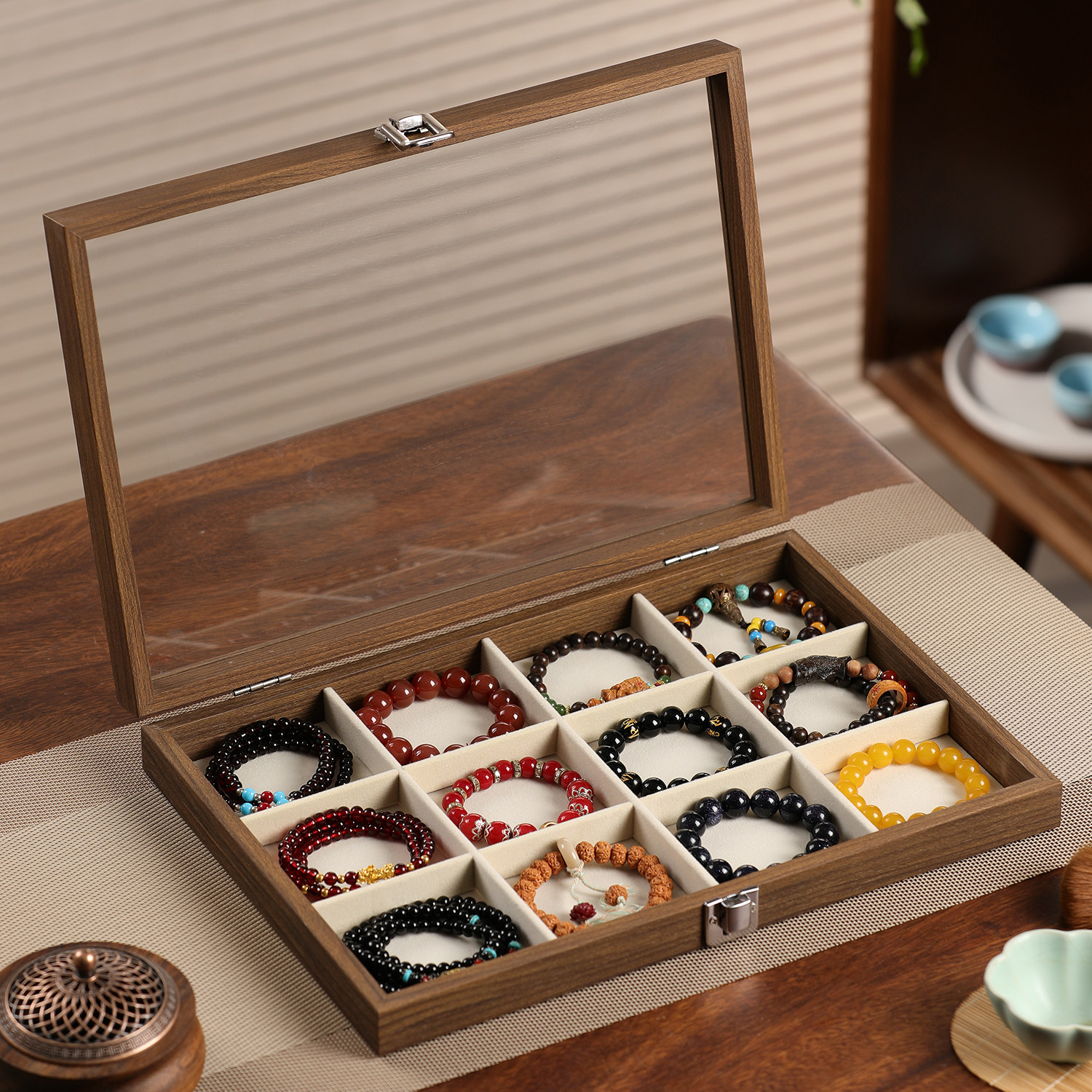 Walnut Wood Grain Bracelet Storage Box, Buddhist Beads Display Tray, High-End Crystal Jade Bracelet Jewelry Box