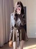Suit for Women 2025 Spring and Autum Korean Sexy Short Jacket Leather Jacket Waist Suspender Dress Two-Piece Set