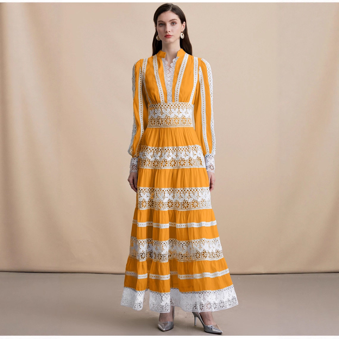 Elegant V Neck Lantern Sleeve Dress Stunning Lace Paneling Waist Defining Autumn Fashion Wholesale Available