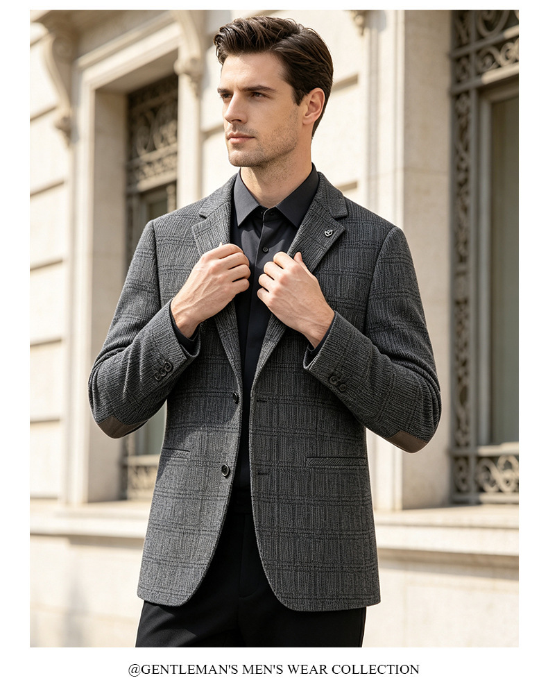 Áo blazer nam dệt kim kẻ caro phối cúc một hàng dáng ôm — Màu nâu cà phê, màu xám