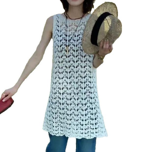 Lace Knit French Dress Sleeveless Mid Length Floral Crochet Stylish and Versatile for Casual Occasions Wholesale