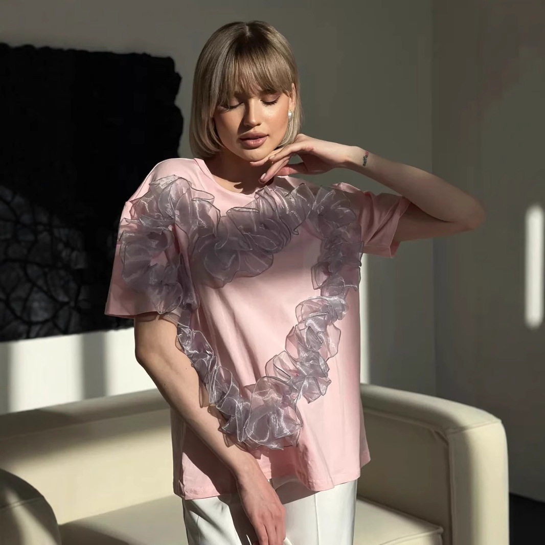 Womens Ruffled Heart Design T Shirt Soft Cotton Loose Fit Round Neck Stylish Layered Look Casual Wear Wholesale